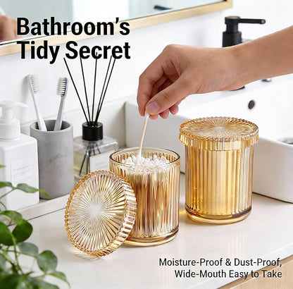 2 Pack Glass Qtip Holder Dispenser Set - Bathroom Organizer for Cotton Swabs, Balls, Pads, Floss Picks - Clear Apothecary Jars for Vanity, Makeup Storage, Bathroom Accessories Decor (Amber)