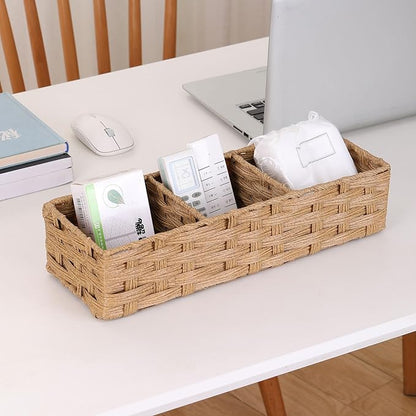 Toilet Tank Topper Paper Basket Multiuse Hand Woven Plastic Wicker Basket Bins with Divider for Shelves Rustic Farmhouse Bathroom Decor Countertop Organizer Storage (Yellow-big 3 boxes)