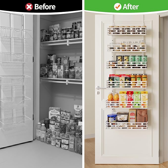 Over the Door Pantry Organizer - 6 Tier Adjustable Pantry Organization and Storage, Hanging Basket Wall Seasoning Shelves, Home & Kitchen Bedroom Bathroom, White