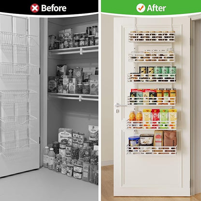 Over the Door Pantry Organizer - 6 Tier Adjustable Pantry Organization and Storage, Hanging Basket Wall Seasoning Shelves, Home & Kitchen Bedroom Bathroom, White