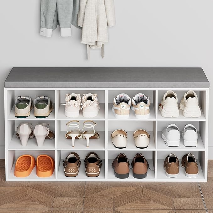 Aenuert 12-Cubby Shoe Rack with Cushion, 3-Tier Wood Shoe Organizer, Multifunctional Shoe Organizer Bench for Entryway, Mudroom, Hallway, Closet,36.22 * 11.81 * 17.7 Inch, White