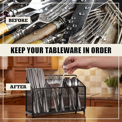 Metal Utensil Caddy Silverware Caddy, Black Silverware Holder for Countertop Flatware Utensil Cutlery Organizer Container for Spoon Fork Knives Kitchen Outdoor Party Camping Picnic Storage