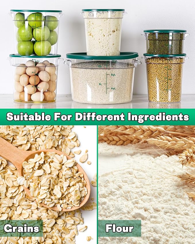 2QT&4QT NSF Round Food Storage Containers with Lids: 4 PCS [Total Food Grade][Hot&Cold Resistant] Dough Proofing Container for Pizza, Bread with Measuring Spoons Included(BPA FREE) (GREEN)