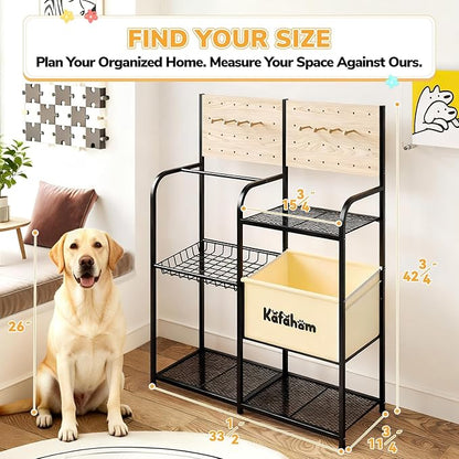 KAFAHOM Dog Toy Basket with Pegboard, Dogs Toy Bin with Storage Organizer, All-in-One Dog Stuff Box & Essential Holder, Perfect Basket for Dog Toys in Living Room, Great Gifts for Pet Lovers, Black