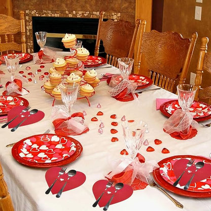 mdgfge 10Pcs Valentine's Day Tableware Utensil Holder Red Heart Shape Silverware Holders Pocket Set, Red Love Theme Felt Flatware Bags Covers for Engagement Xmas Dinner Table Party Decor Supplies