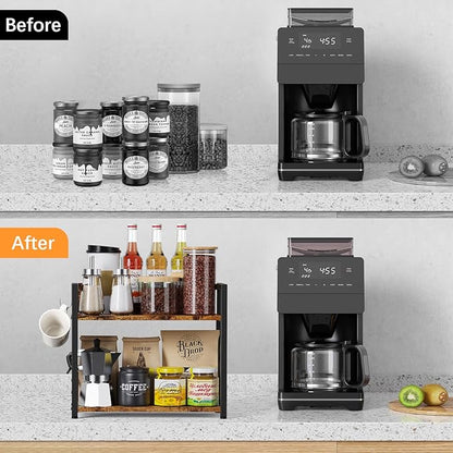 RUILALIFE Coffee-Bar-Station-Organizer Shelf for Countertop, 2 Tiers Kitchen Counter Shelf Riser, Wooden Spice Rack Organizer, Coffee Bar Accessories(Rustic Brown, Large)
