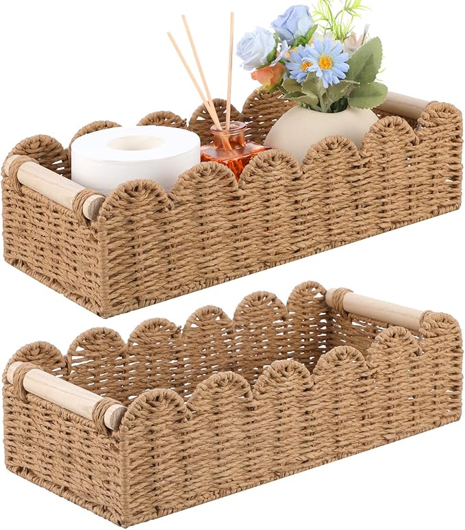 2pcs Scalloped Decor Basket,Toilet Paper Storage Basket with Handles,Toilet Basket for Organizing Over Toilet Storage Shelf Countertop Living Room Bedroom Home Decor（14"×6.3"×4"）