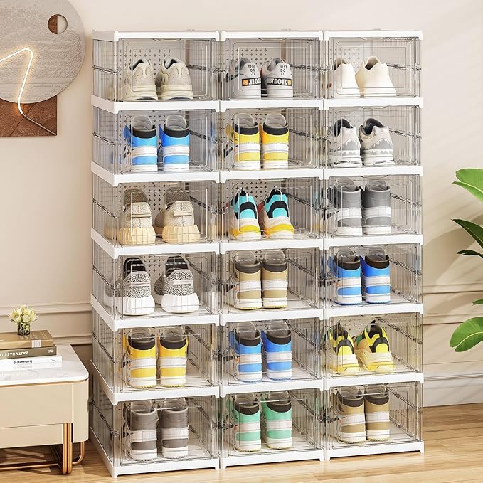 GUDEMAY Drop Front Shoe Storage Box, No Assembly Stackable Shoe Organizer Storage Bin with Door, Free Standing Shoe Shelf Cabinet with Lid, Plastic Shoe Rack for Closet Entryway