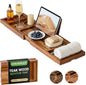 Venusmiles Teak Bathtub Tray Caddy, Foldable Bath Tray with Expandable Handles, Wine Glass and Phone Holders, Book Stand, for Home Spa Relaxation, Luxury Bathroom Accessories - Light Walnut Color