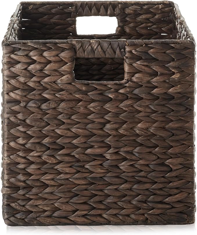 Casafield 12" x 12" Water Hyacinth Storage Baskets, Espresso - Set of 6 Collapsible Cube Organizers, Woven Bins for Bathroom, Bedroom, Laundry, Pantry, Shelves