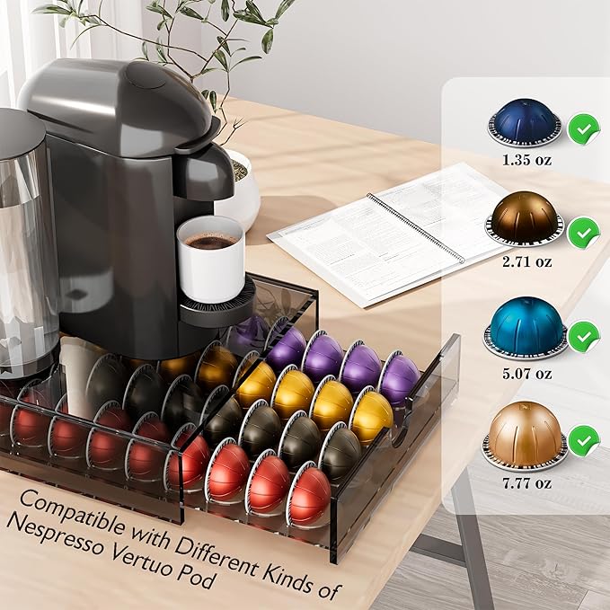 Acrylic Coffee Pod Organizer for Nespresso Vertuo Pod Holder 40 Pods Clear Vertuo Pod Storage Drawer (1 Tier) (Transparent Black)