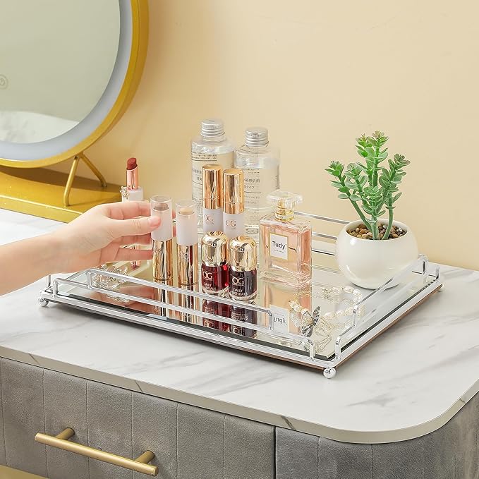 Tieson Mirror Tray Contemporary Silver Dresser Perfume Tray Bathroom Dresser Bedroom (Silver)