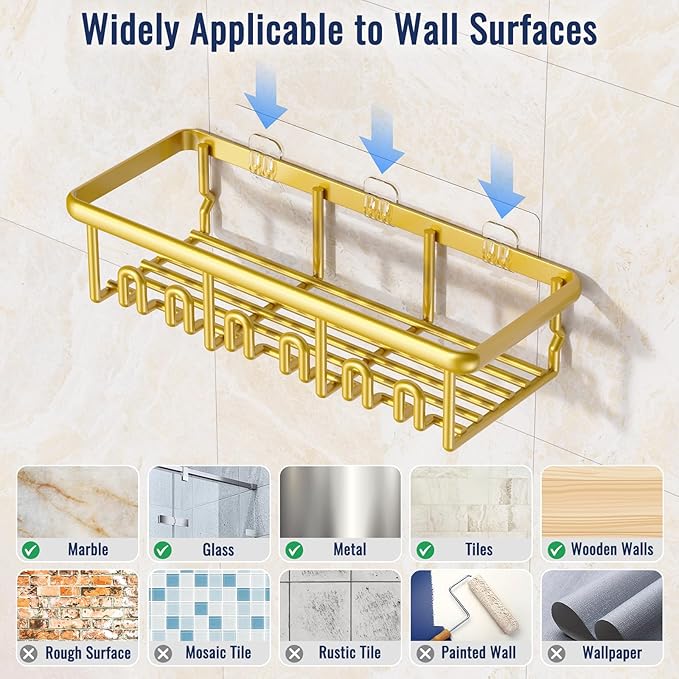 8 Pack Adhesive Rustproof Shower Caddy with Soap Dishes, Toothbrush Holder & Hooks, Large Capacity No-Drilling Shower Shelves Rack for Bathroom Organizers and Storage Accessories, Gold