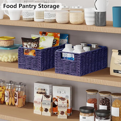 Vagusicc Wicker Storage Basket, Set of 2 Hand-Woven Paper Rope Wicker Basket, Small Storage Baskets for Organizing Toilet Paper, Foldable Small Cube Organizer Bins for Shelves (Purple)