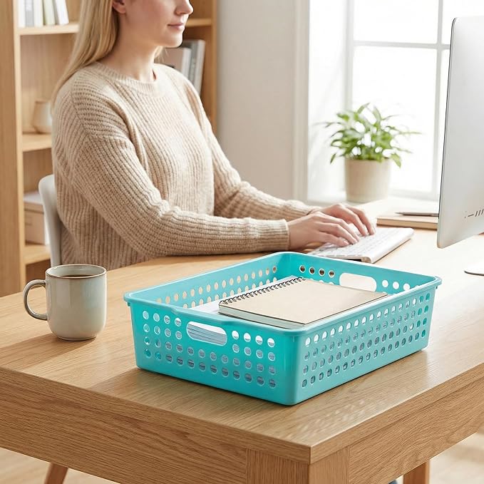 Lawei 8 Pack Plastic Storage Baskets - Colorful Paper Organizer Baskets Plastic Shelf Bins with Handles, Classroom Office File Holder for Home Office School