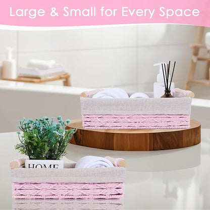 Wicker Storage Basket with Wooden Handle – Paper Rope Decorative Toilet Paper Baskets & Bathroom Organizer for Toilet Tank Top, Shelves, Bedroom, Countertop,Home,Office Storage Bins, 2 Pack,Pink