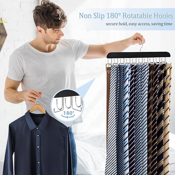2 Pack 2-in-1 Belt and Tie Hanger for Closet, Upgraded Tie Rack with 20 Foldable Non-Slip Hooks, Max 30 Belts and 30 Ties, Space-Saving Wooden Tie and Belt Organizer for Camisoles, Bras, Scarves