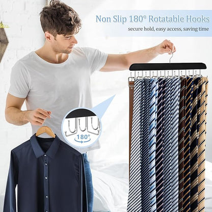 2 Pack 2-in-1 Belt and Tie Hanger for Closet, Upgraded Tie Rack with 20 Foldable Non-Slip Hooks, Max 30 Belts and 30 Ties, Space-Saving Wooden Tie and Belt Organizer for Camisoles, Bras, Scarves