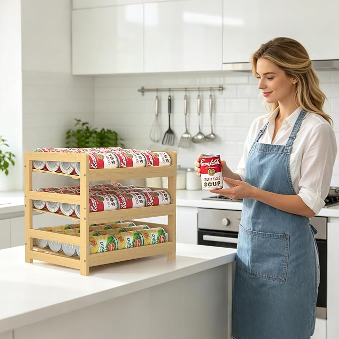 Bamboo Rolling Can Organizer for Pantry, Stackable 3 Tier Canned Food Storage Rack for Kitchen Can Storage Organizer Set with Can Opener & Hooks for Cabinet & Countertop, Holds up to 36 Cans