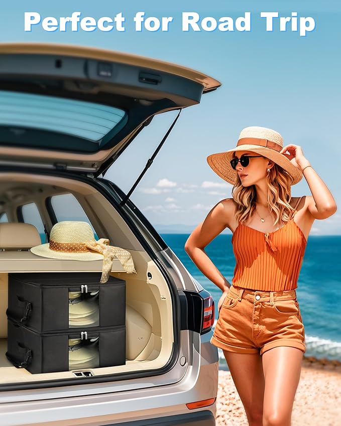 Teraves Large Cowboy Hat Storage Box, All Around Hardboard Support, Crush-Proof, Dust-Proof, Wide Brims Hat Travel Case with Shoulder Strap Carrying Handle and Trolley Sleeve, Black