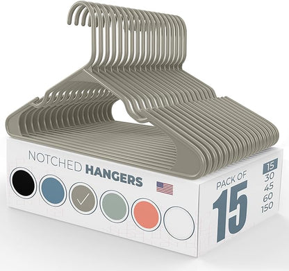 Plastic Hangers 15 Pack – Made in The USA – 6lb Capacity Standard Clothes Hangers with Notches and Reinforced Edges for Dresses, Lingerie, Shirts, Pants, and Jackets – Gray