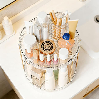 Yieach Acrylic 360 Rotating Makeup Organizer and Perfume Organizer,2 Tier Make Up Holder and Acrylic Skincare Organizers for Countertop,Vanity,Bathroom,Clear Spinning Beauty Organizer for Face Product