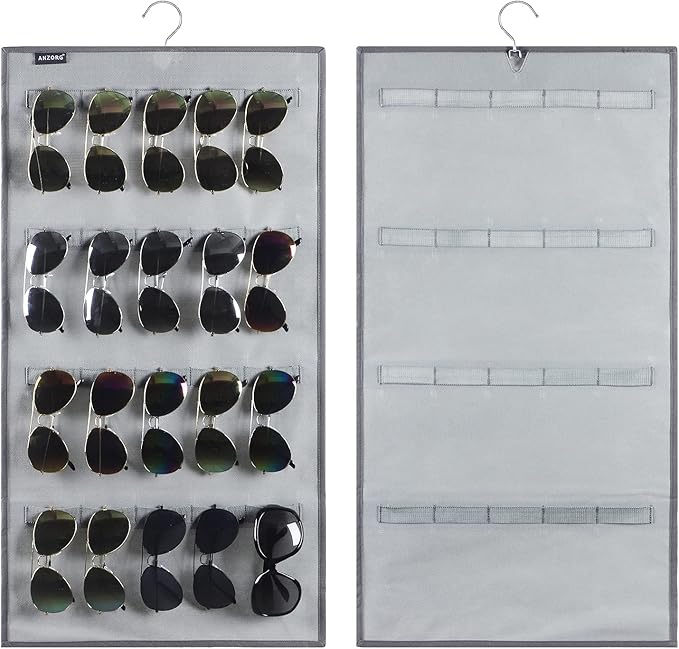 Dual Sided Hanging Sunglasses Organizer Wall Mounted Glasses Rack Storage Eyeglasses Holder Eyewear Display Case with 40 Slots (40 Slots-Grey)