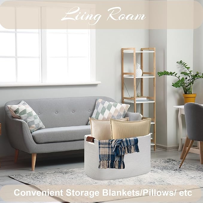 Large Cotton Rope Storage Basket with Leather Handles, Laundry Hamper Basket, 20 "L x 14" W x 12 "H, Durable & Stylish Organizer for Home.(Large White)