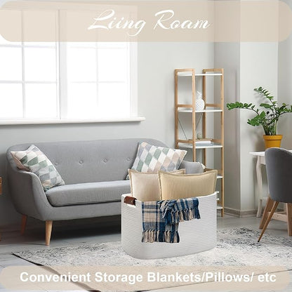 Large Cotton Rope Storage Basket with Leather Handles, Laundry Hamper Basket, 20 "L x 14" W x 12 "H, Durable & Stylish Organizer for Home.(Large White)