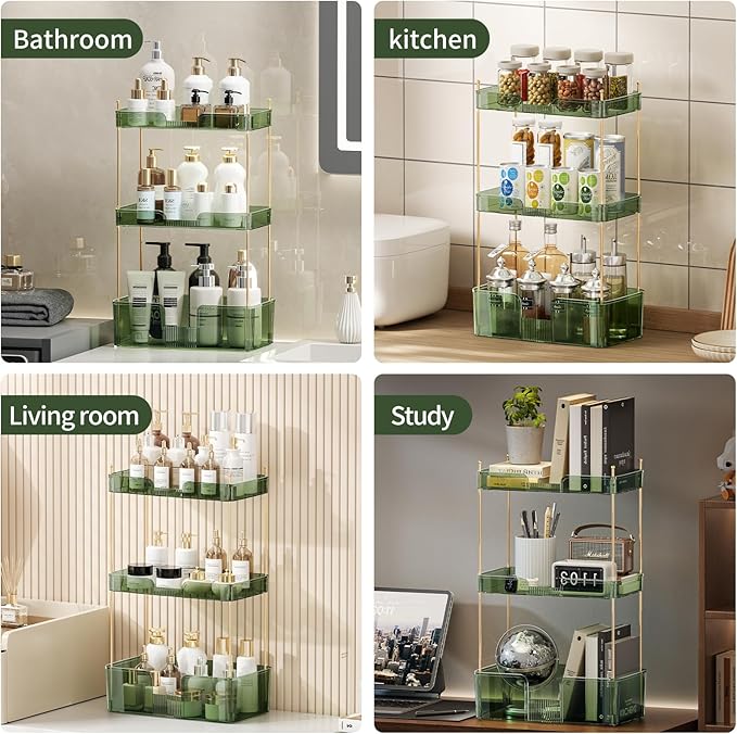 Akinbas 3 Tier Bathroom Organizer Countertop Makeup Perfume Tray Skincare Organizer for Bathroom Dresser Vanity (Green)