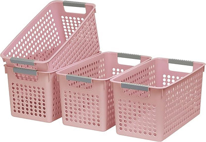 Soddeph Slim Plastic Storage Basket with Handles, Narrow Organizer box for Shelves, Organizer box for Organizing, Kitchen,Home,Office (Pink, Medium)