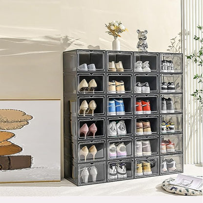 XXL Drop Front Shoe Storage Box Stackable, 6 Pack Shoe Display Case Fit US 15,Sneaker Storage Shoe Containers with Magnetic Door（6 PACK BLACK