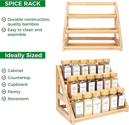 Spice Rack, Spice Organizer -3 Tier Bamboo Spice Racks, Solution for Spice Storage in Kitchens, Countertops，Storage Rooms and Other Places