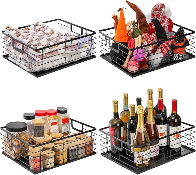 TOPZEA Black Metal Food Storage Basket for Pantry Organization, Large Steel Wire Farmhouse Basket Organizer Bin with Handles for Organizing Bathroom, Kitchen, Shelf, Cabinet, 16"x 12.5"x 6"
