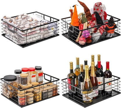 TOPZEA Black Metal Food Storage Basket for Pantry Organization, Large Steel Wire Farmhouse Basket Organizer Bin with Handles for Organizing Bathroom, Kitchen, Shelf, Cabinet, 16"x 12.5"x 6"