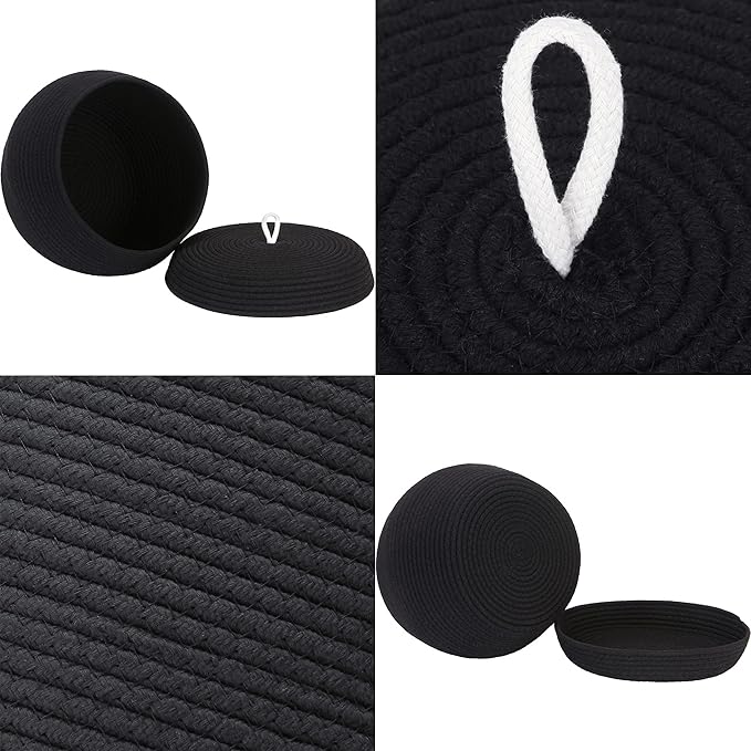 Sea Team Round Cotton Rope Storage Basket with Lid, Decorative Woven Storage Bin, Pot, Caddy, Organizer, Container for Snacks, Towels, Plants, 13 x 9 Inches (Large, Black)