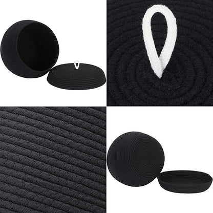 Sea Team Round Cotton Rope Storage Basket with Lid, Decorative Woven Storage Bin, Pot, Caddy, Organizer, Container for Snacks, Towels, Plants, 13 x 9 Inches (Large, Black)