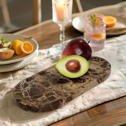 YMXYJM Genuine Real Natural Marble Tray for Bathroom, Luxury Dark Brown Stone Vanity Tray, Decorative Oval Trays for Countertop Storage, Vanity, Dresser, Kitchen, Home Decor, 11.8" x 6", Brown