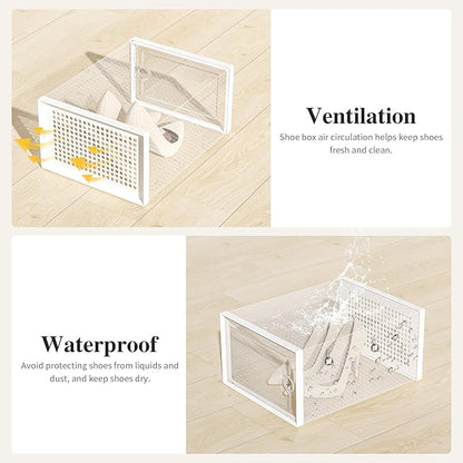 Kuject X-Large Shoe Storage Boxes Organizers Clear Plastic Stackable 12 Pack, Shoe Rack & Holder Substitute, Sneaker Containers, Toy Storage Organizer Bins for Entryway, Closet, Under Bed, White