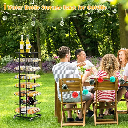 Water Bottle Storage Rack - 7 Tier Free Standing Organizer With Wheels, Mobile Bottled Holder Stand for Floor, Space Saver Metal Beverage Soda Drink Shelf for Kitchen, Outdoor Party