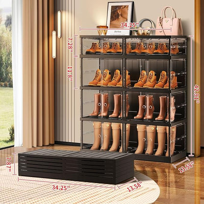 CIMLORD 4-Tier Foldable Shoe Rack for Closet Entryway 8-16Pairs,Stackable Clear Shoe Storage Boxes Organizer with Door Plastic Shoe Cabinet Bins with Lids Shoes Shelf Easy Assembly Large Black