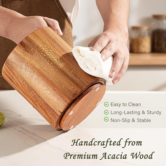 Criusia Utensil Holder 2 Pack, 360° Rotating Acacia Wood Cooking Utensil Crocks for Kitchen Counter, Farmhouse & Modern Decor, (2 Large)