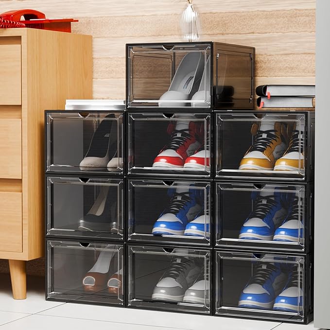 YIIHAA 12 Pack X Large Shoe Storage Box, hicken Sturdy Hard Plastic Clear Stackable Sneaker Shoe Rack for Size 12, Easy Assembly Storage Organizer, Holder Sneaker Container (Transparent Gray, 6)