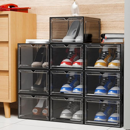 YIIHAA 12 Pack X Large Shoe Storage Box, hicken Sturdy Hard Plastic Clear Stackable Sneaker Shoe Rack for Size 12, Easy Assembly Storage Organizer, Holder Sneaker Container (Transparent Gray, 6)