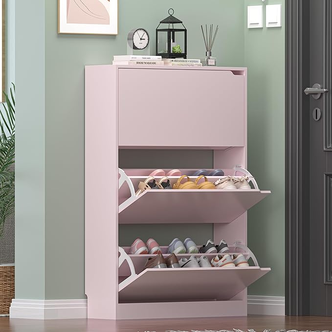 Shoe Storage Cabinet for Entryway, Pink Shoe Cabinet with 3 Flip Drawers, Hidden Shoes Rack Freestanding Storage Organizer for Entryway,Closet, Living Room,Hallway 47.24"H × 31.50"W × 9.44"D