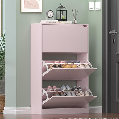 Shoe Storage Cabinet for Entryway, Pink Shoe Cabinet with 3 Flip Drawers, Hidden Shoes Rack Freestanding Storage Organizer for Entryway,Closet, Living Room,Hallway 47.24"H × 31.50"W × 9.44"D