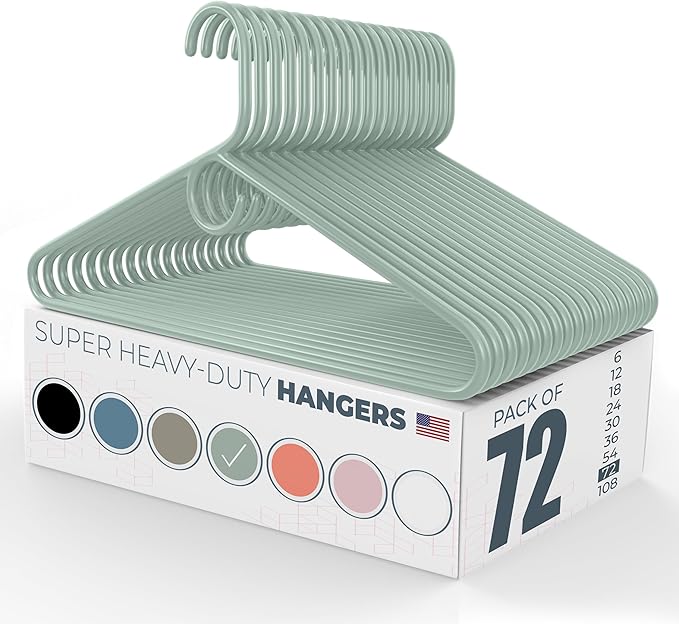 Super Heavy Duty Clothes Hangers 50+ Pack (72 Count) – Made in the USA - 10lb Capacity, Thick Plastic Hangers for Pants, Coats, Jackets, Jeans and Adult Clothing – Mint