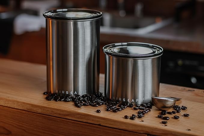 AirScape Planetary Design Stainless Steel Coffee Canister | Food Storage Container | US Patented Airtight Lid | Push Out Excess Air Preserve Food Freshness (Small, Brushed Steel)