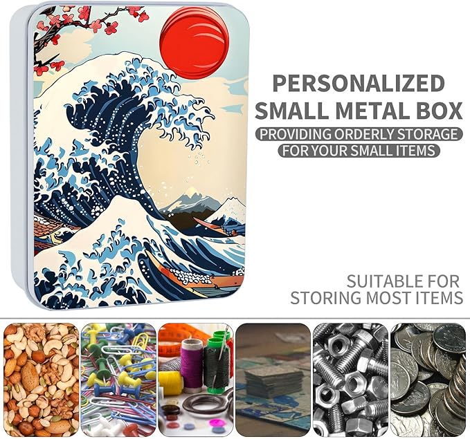 Metal Tin Box Sturdy Metal Storage Box with Lid, Large Container Holder for TCG Cards,Car Keys,Cookies,Tin Containers for Gift,5.0x3.7x1.6 Inch,Exquisite Pattern Design(Waves Sun)