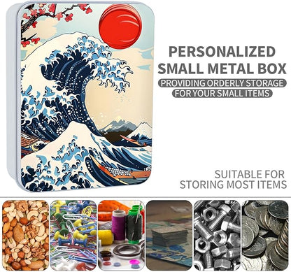 Metal Tin Box Sturdy Metal Storage Box with Lid, Large Container Holder for TCG Cards,Car Keys,Cookies,Tin Containers for Gift,5.0x3.7x1.6 Inch,Exquisite Pattern Design(Waves Sun)